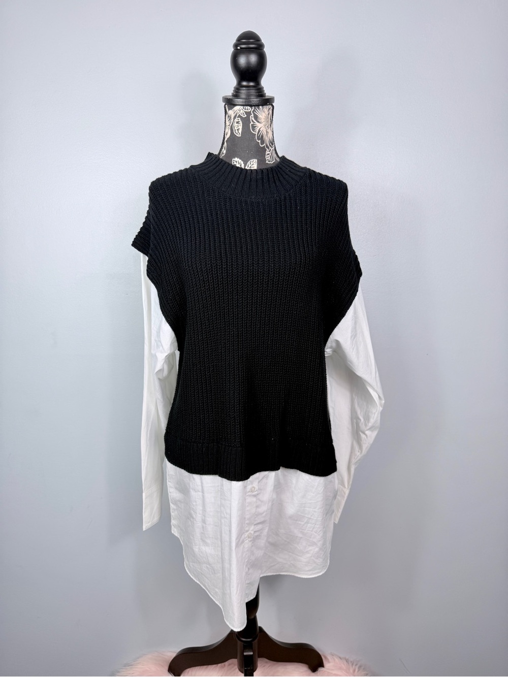 Calvin Klein black sweater high neck layered white oxford tunic top size XL